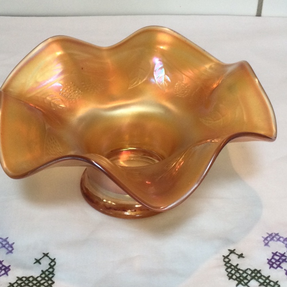 Fenton BlackBerry Spray ruffled “hat” bowl. Early 1900’s Marigold carnival glass